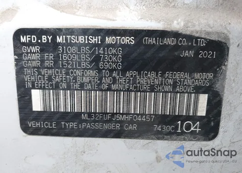 2021 Mitsubishi Mirage G4 Carbonite Edition/Es/Le z USA, uszkodzony, nr VIN ML32FUFJ5MHF04457